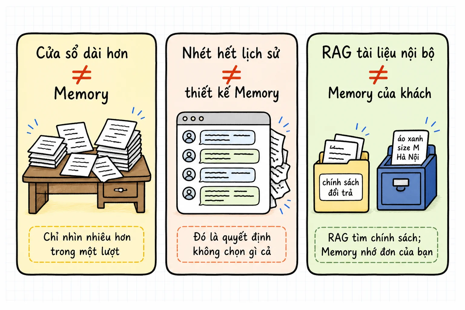 Ba nhầm lẫn xếp cạnh nhau. Một: cửa sổ token dài hơn bị gọi là đã có memory. Hai: nhét hết lịch sử hoặc hết kho dữ liệu vào một lần gọi. Ba: RAG tài liệu nội bộ bị gọi là memory của khách.